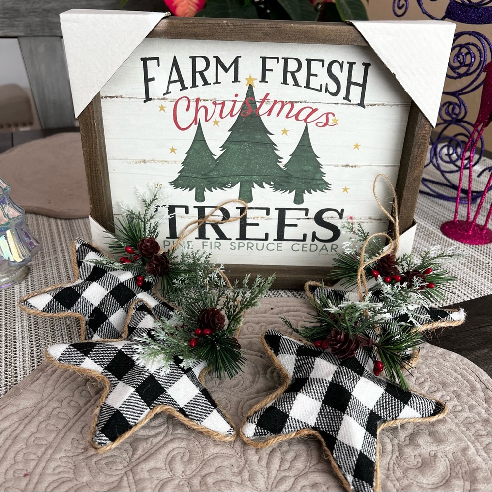 Christmas Decorations Bundle Farm Fresh Trees Sign and Tree Ornaments NEW